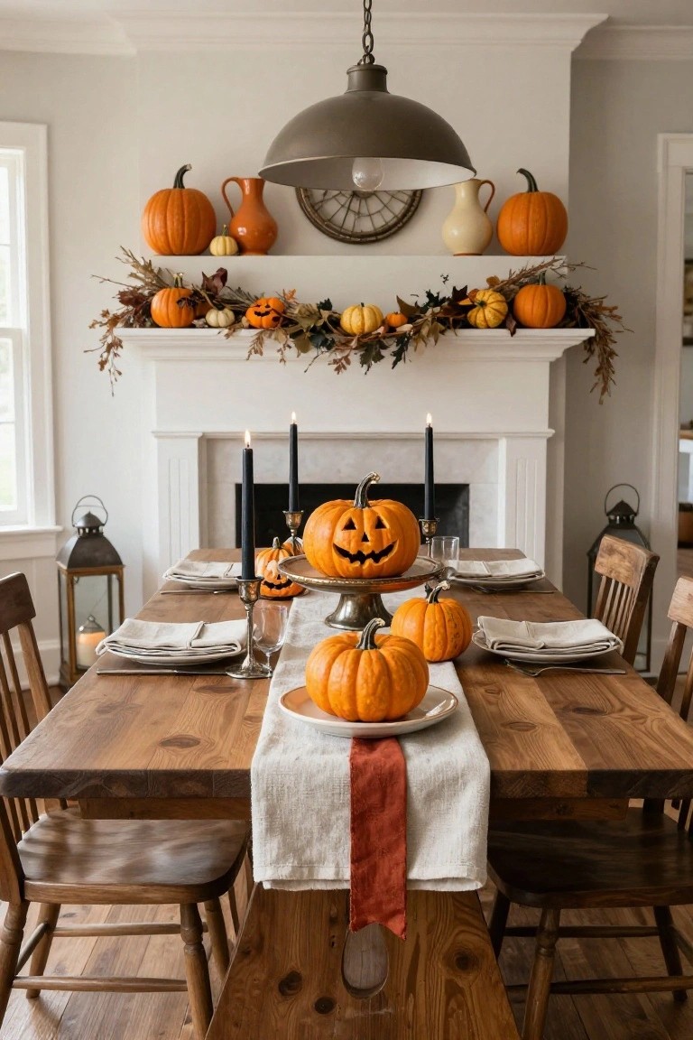 Log cabin living room with stone fireplace, mantle draped in pine garlands and pinecones, flanked by lanterns, pumpkins and skull on hearth and table, warm fire burning, couch with blanket nearby.