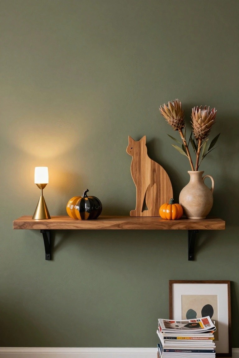 Wooden floating shelf on dark gray wall displaying three orange pumpkins between black candlesticks, large framed botanical leaf print above shelf, planter with small skulls below shelf, orange leather chair nearby.