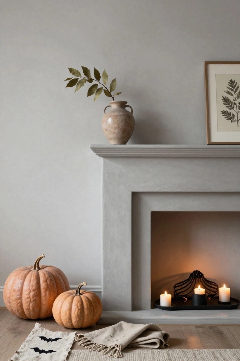 Wooden windowsill in brick-walled room with small pumpkins on stacked books, magnifying glass, snake plant in pot, pinecone basket, blanket basket, wooden chair, and autumn view through window.