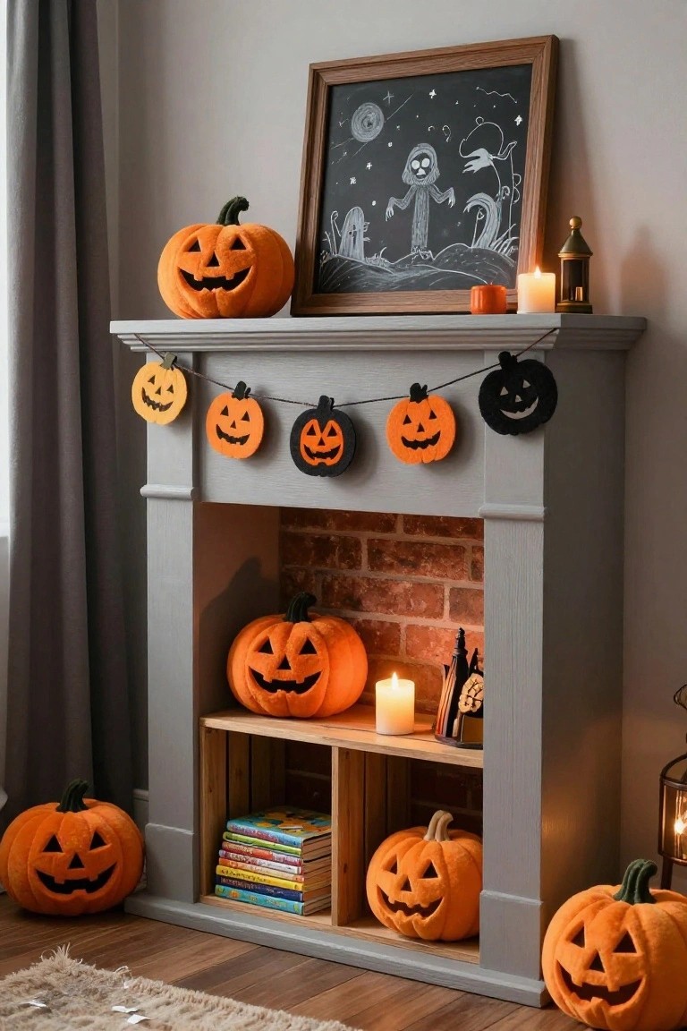 Teal fireplace mantel holding a light blue vase and orange pumpkin, with more pumpkins nearby, white pillar candles on a stool covered by a woven throw, a wicker basket overhead, string lights, and framed family photos on the wall.