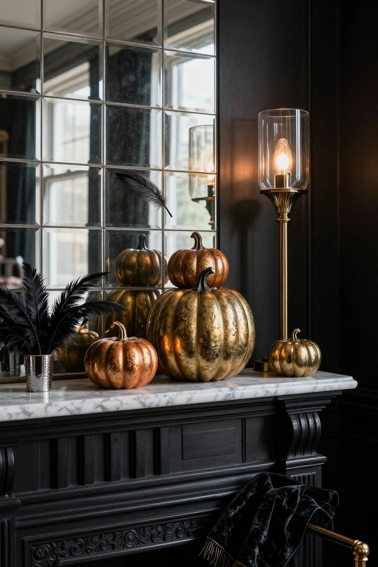 Dark vertical wood-paneled wall with floating metal shelf holding eight brass skulls, below a concrete ledge with moss, multiple candles, and copper vase of thistles.