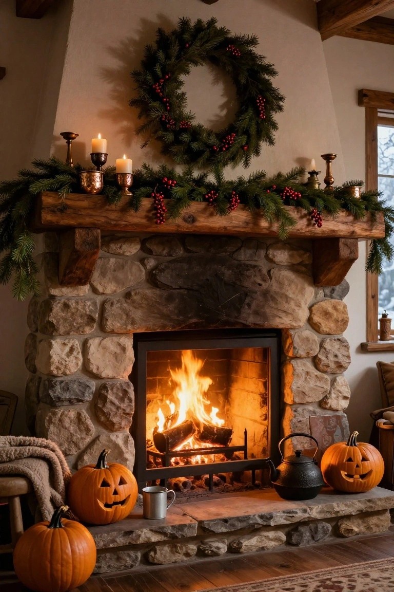 White indoor window sill shelf displaying galvanized metal buckets with orange pumpkins and cornstalks, a wooden 