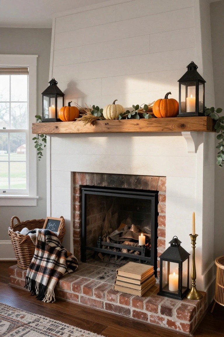 Wooden mantel over brick fireplace decorated with white and orange pumpkins, brass candelabra holding candles, framed artwork, round mirror above, leather armchair with throw nearby.