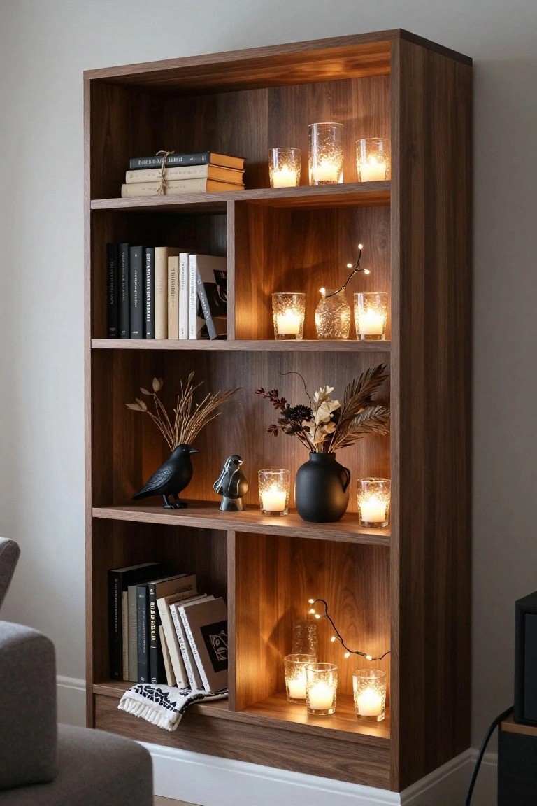 Rustic wooden mantel above a lit gas fireplace, decorated with small pumpkins, jars of dried herbs, framed botanical prints, a candleholder, and a cloth napkin.