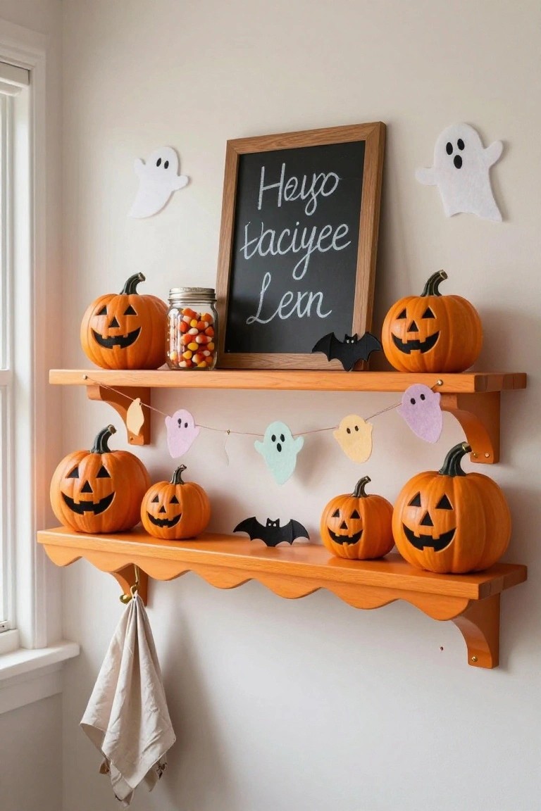 White floating shelves beside a fireplace mantel display small white pumpkins, a driftwood candle holder with shell bowl, seagrass bundle, and black glass orbs, with a window showing ocean waves.