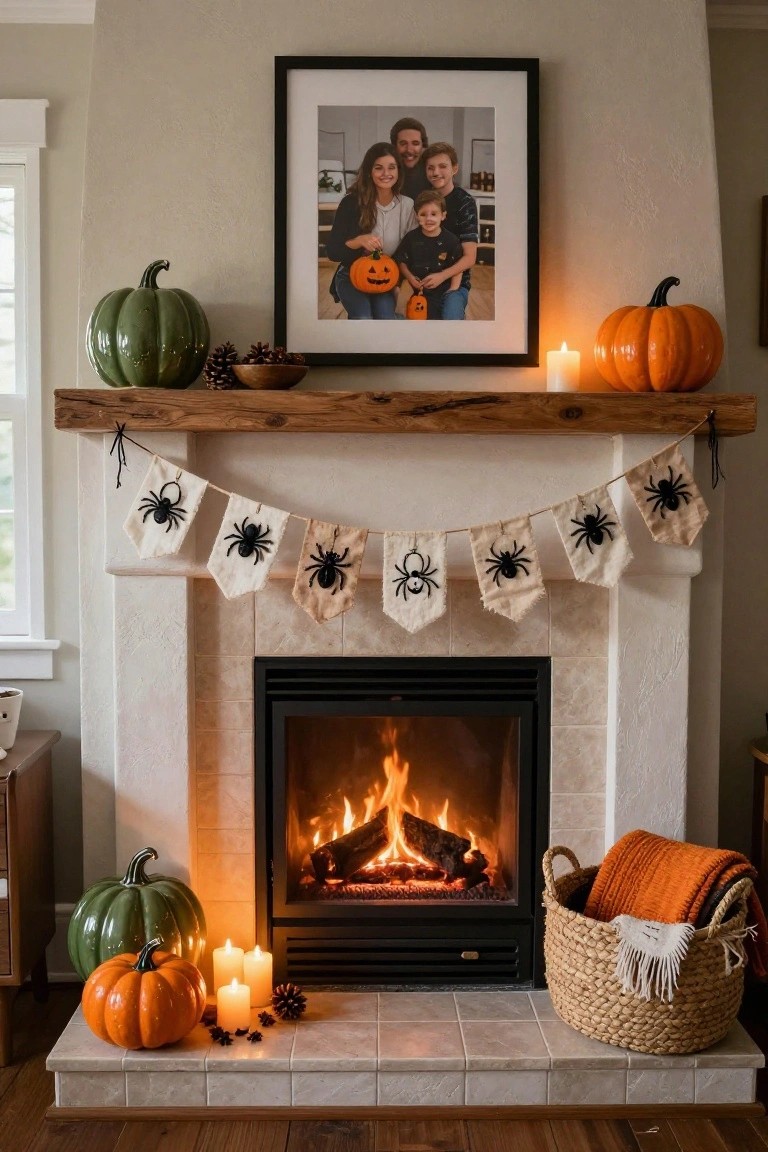White fireplace mantel decorated with two white faux skulls, black vases holding dark berry branches, small orange pumpkins on a gold tray, brass candlesticks and pillar candles, next to a cream upholstered armchair with a patterned scarf draped over it.