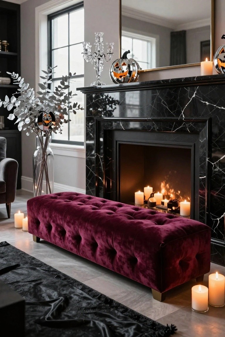 Living room corner featuring a limestone mantel with stacked books, black obelisk, beige vase holding dried protea flower, and large white textured pumpkin; black round coffee table nearby displays silver tray with lit white candles in glass holders, beside gray sofa and sheepskin throw.