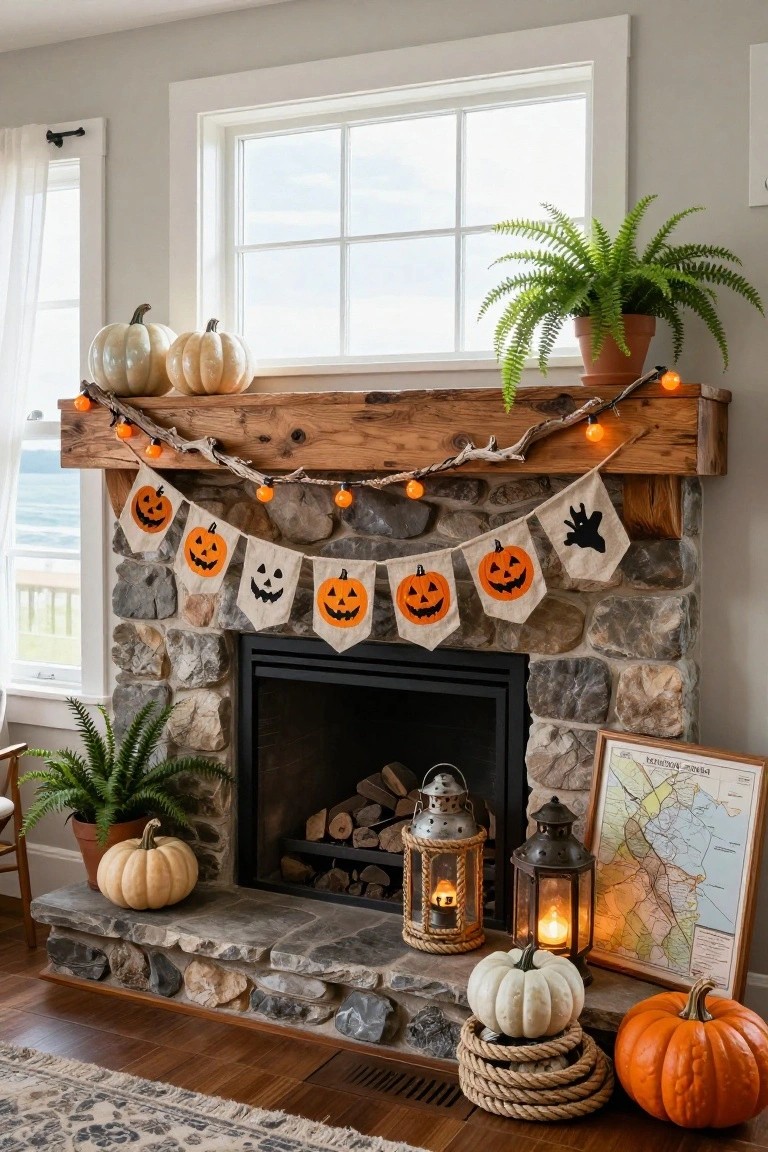 Corner view of a living room with a white fireplace mantel holding white and orange pumpkins, black bat garlands, sheer white curtains on two windows, seagrass baskets with blankets and toys on the floor, and a potted plant beside the hearth.