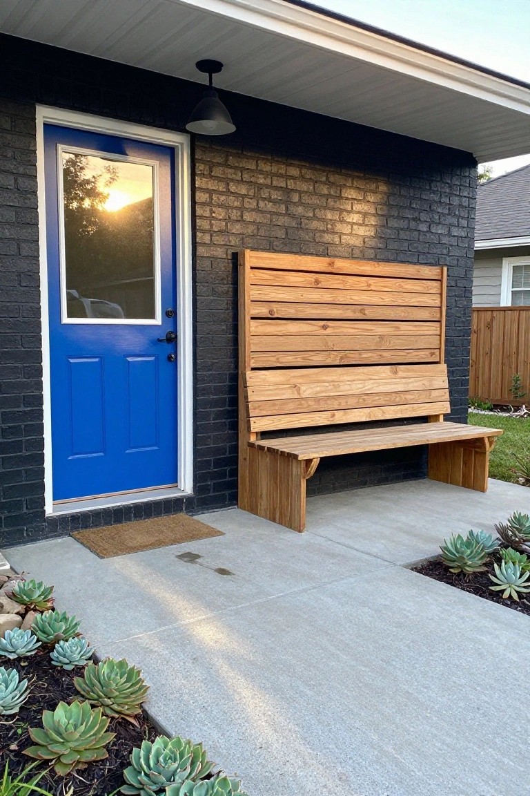 Black brick house exterior featuring a blue front door with glass panel, wooden slat wall and bench beside it, concrete pathway, succulent plants in beds, and a doormat.
