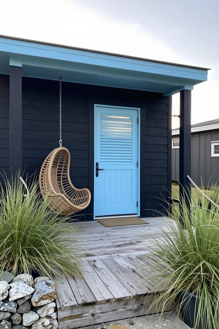 Welcoming entrance with a light blue door, hanging rattan chair, and lush greenery.