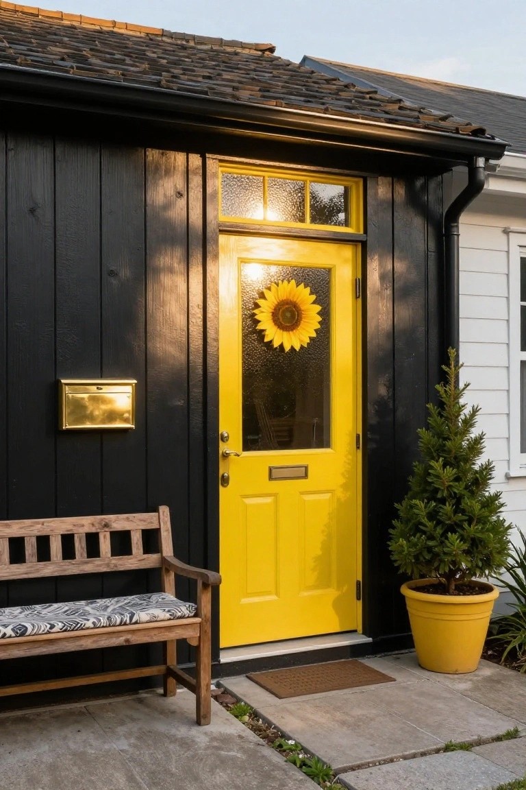 Black shiplap exterior wall with yellow paneled front door featuring textured glass, sunflower wreath, brass mail slot, wooden bench with cushion, and yellow pot with small fir tree beside paved entry steps.
