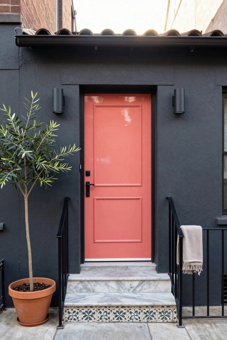 Vibrant coral front door on a dark gray exterior wall with black wall-mounted lanterns, potted olive tree to the left, black metal railing, beige towel draped on rail, and white marble steps with patterned tile risers.