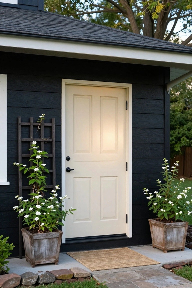 Black shingled house exterior with cream paneled front door, wooden planters of white-flowering plants on both sides, black trellis with vines, and seagrass mat on concrete stoop with stone path.