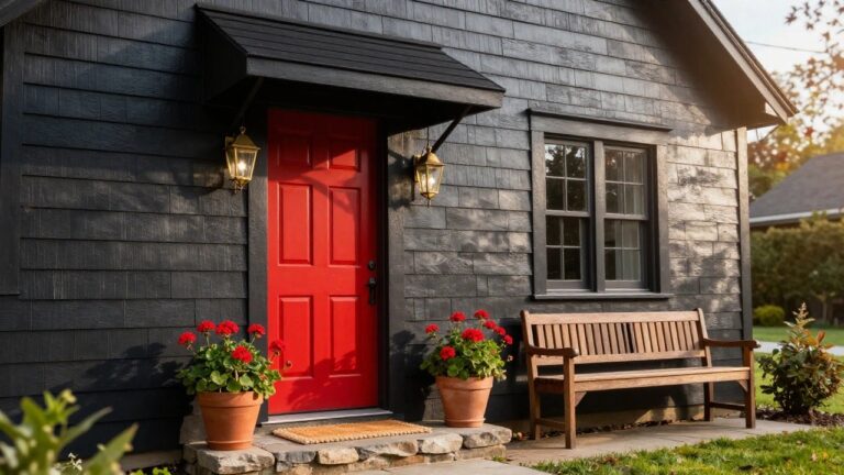 Black shingled house exterior featuring a bright red paneled front door, gold lanterns, potted red geraniums, wooden bench on porch, woven mat, and stone steps with grass and trees nearby.