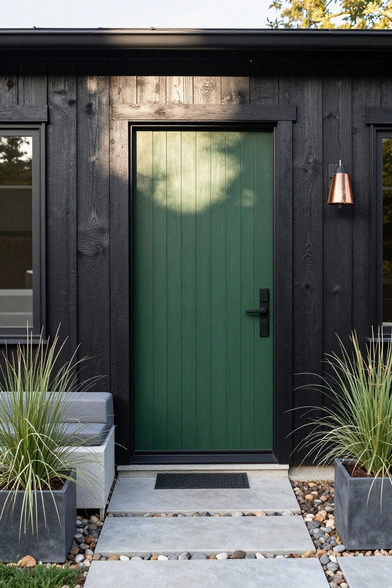 Black wood-clad house exterior featuring a tall green paneled front door with black handle, flanked by black-framed windows, potted grasses in gray containers, copper lantern light, and concrete steps with pebble borders.