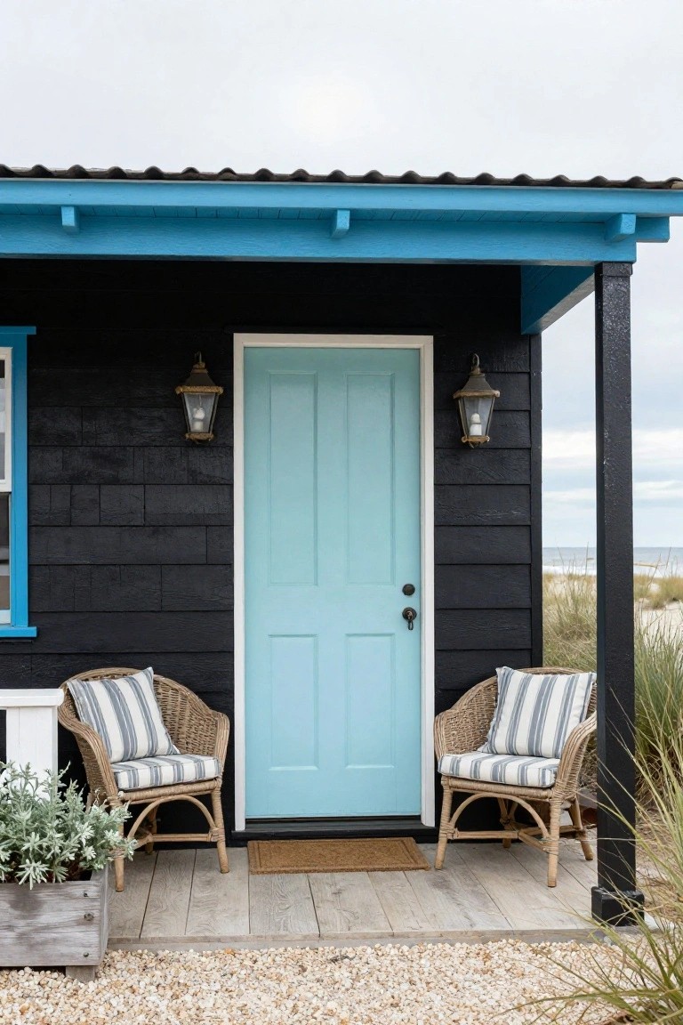 Black shingle house exterior with turquoise trim on the roof and window, light blue front door flanked by lanterns, two wicker chairs with striped cushions on a wooden porch, beach dunes visible in the background.
