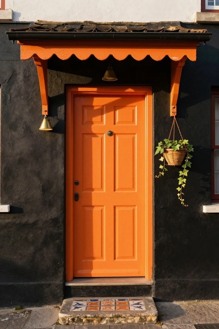 Black stucco house exterior with bright orange paneled front door, matching scalloped awning, brass bell, hanging ivy basket, and colorful tiled doorstep.