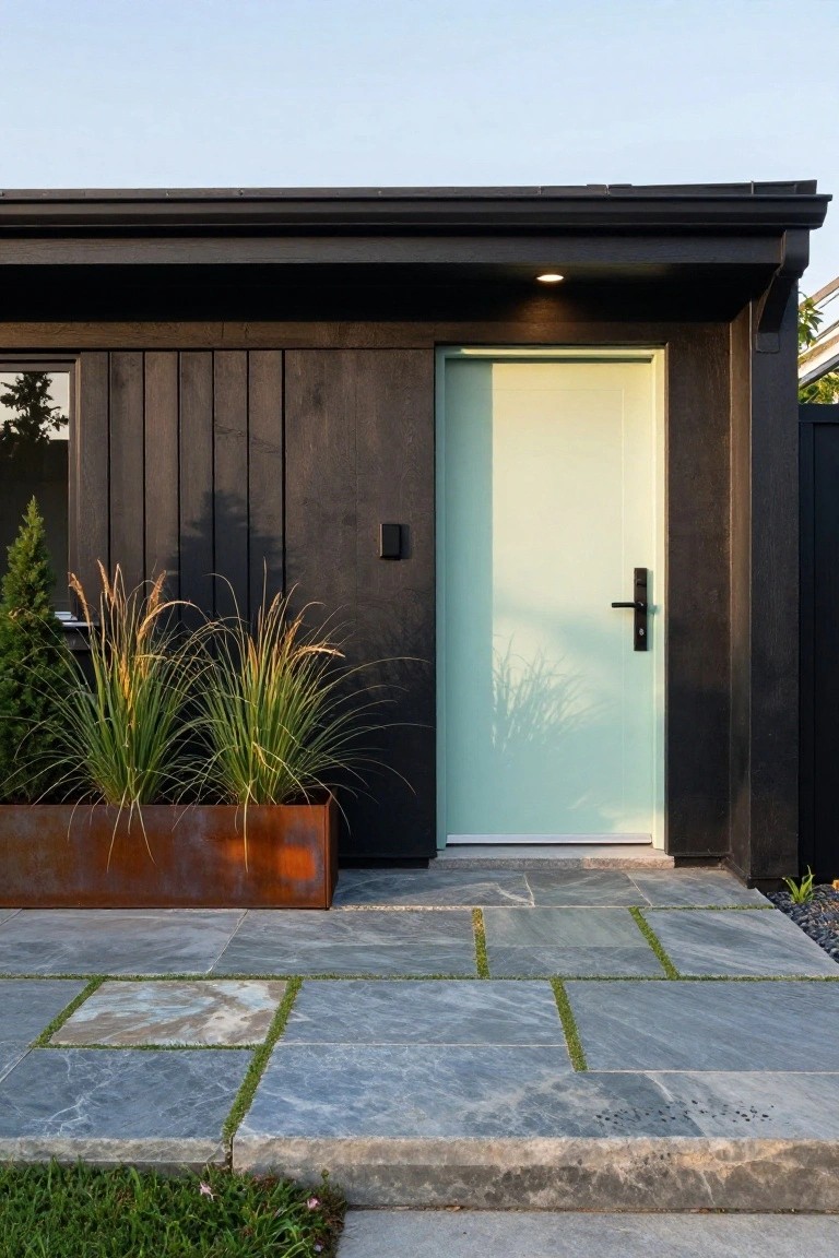 Black wood-clad house exterior with vertical siding, a light green front door, ornamental grasses in a rusted metal planter, and a slate stone pathway leading to the entry.