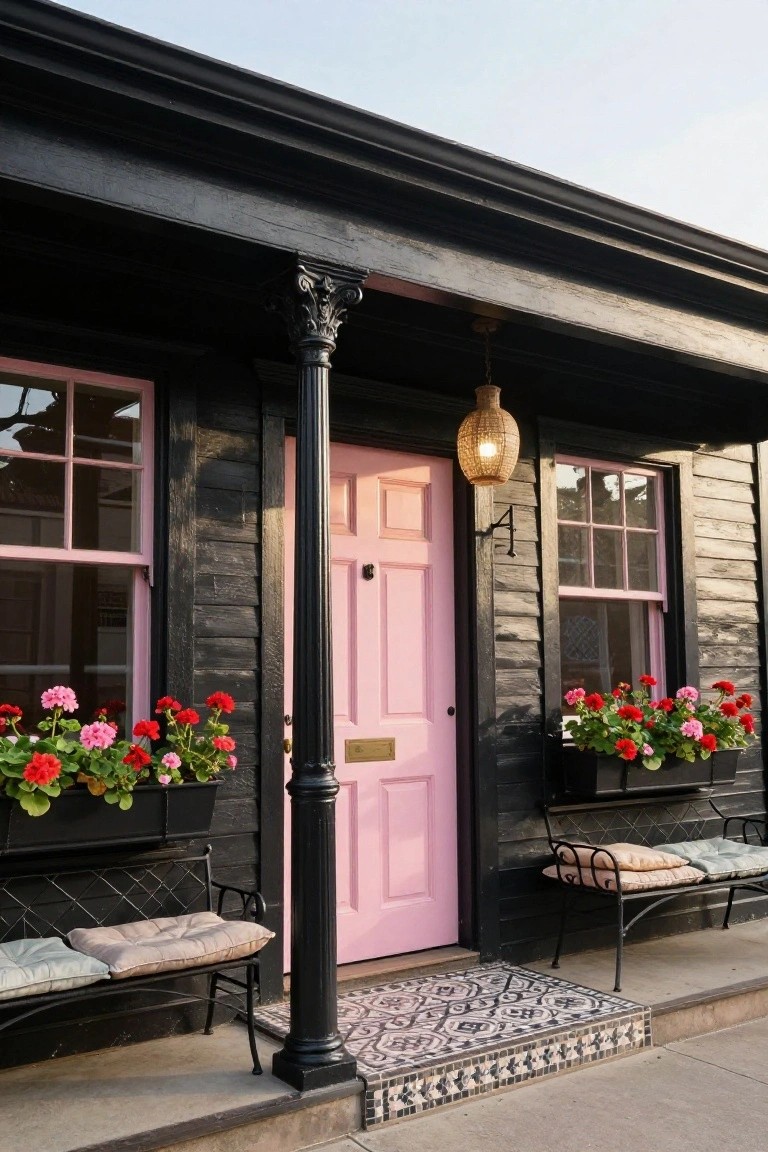 Black wooden house exterior featuring a bright pink front door, pink window frames, geraniums in black window boxes, a woven hanging lantern, ornate column, and cushioned benches on the porch.