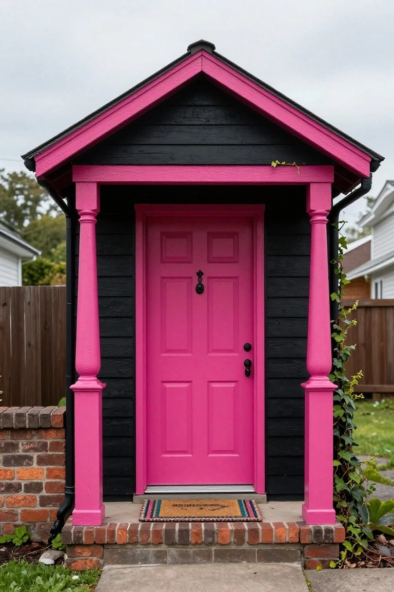 Black wooden shed structure with hot pink double front door, pink porch columns and trim, ivy on columns, brick base, welcome mat, and surrounding fence and greenery.