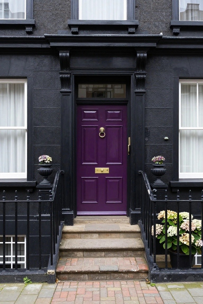 Black townhouse facade with glossy purple front door featuring brass knocker and letterbox, white-curtained windows, black railings, stone steps, and potted plants including hydrangeas.