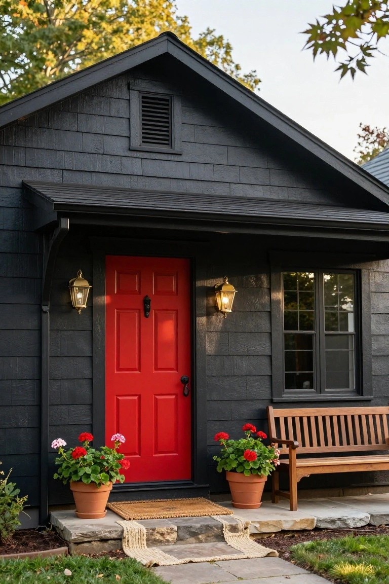 Black shingled house exterior featuring a bright red paneled front door, gold lanterns, potted red geraniums, wooden bench on porch, woven mat, and stone steps with grass and trees nearby.