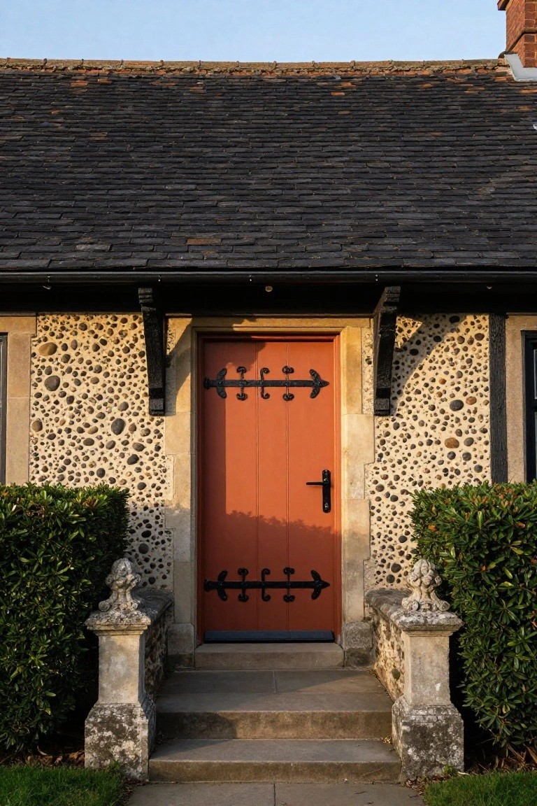 Red wooden front door with black wrought iron strap hinges and handle on a house with light-colored flint pebble walls, flanked by boxwood shrubs on stone pedestals and leading to concrete steps.