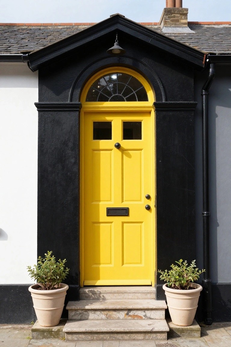 Bright yellow front door with glass panels set in a black-painted porch with arched yellow window above, white wall on one side, gray siding on the other, terracotta pots with plants flanking stone steps.