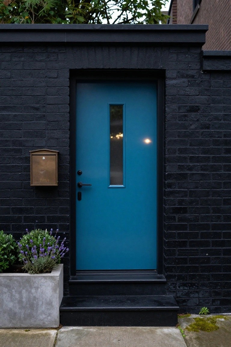 Black brick house exterior with a turquoise front door that has a narrow vertical window, brass mailbox mounted on the wall, concrete steps, and a potted lavender plant beside the door.