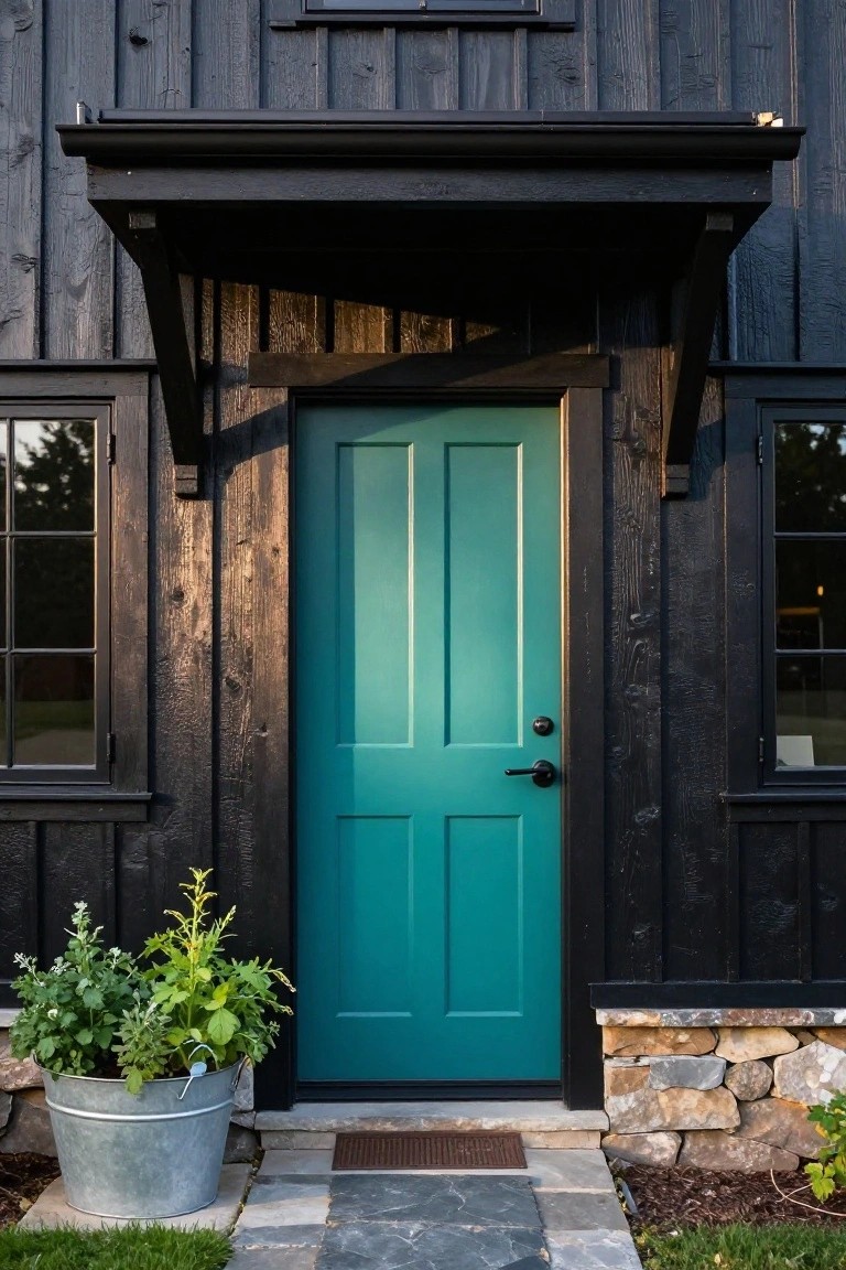Black vertical board-and-batten wood house exterior featuring a turquoise paneled front door centered under a covered porch, flanked by black-framed windows, with a galvanized bucket planter holding greenery to the right, stone foundation, and slate steps leading up.
