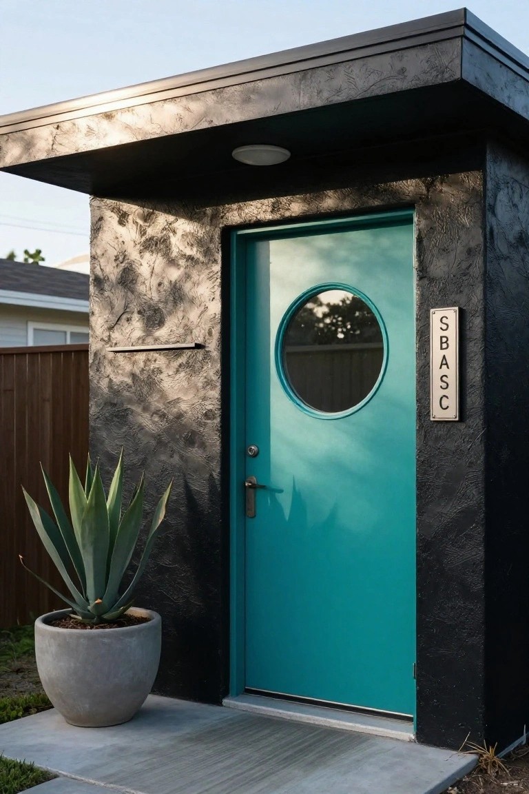 Black textured exterior wall with a turquoise front door featuring a round window, a metal "SBASC" sign mounted beside it, a potted agave plant to the side, and a concrete entry path.