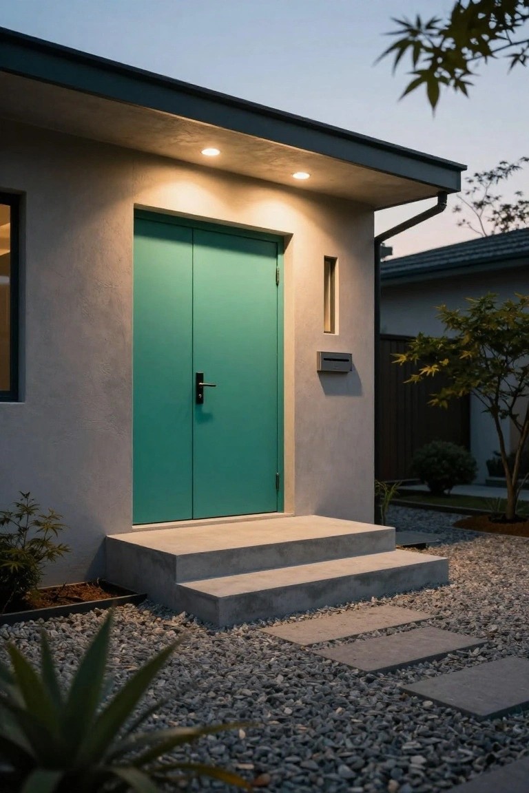 Modern house exterior featuring double teal front doors on a stucco wall, concrete entry steps, gravel ground cover with stone pavers, agave plants, and soft dusk lighting.
