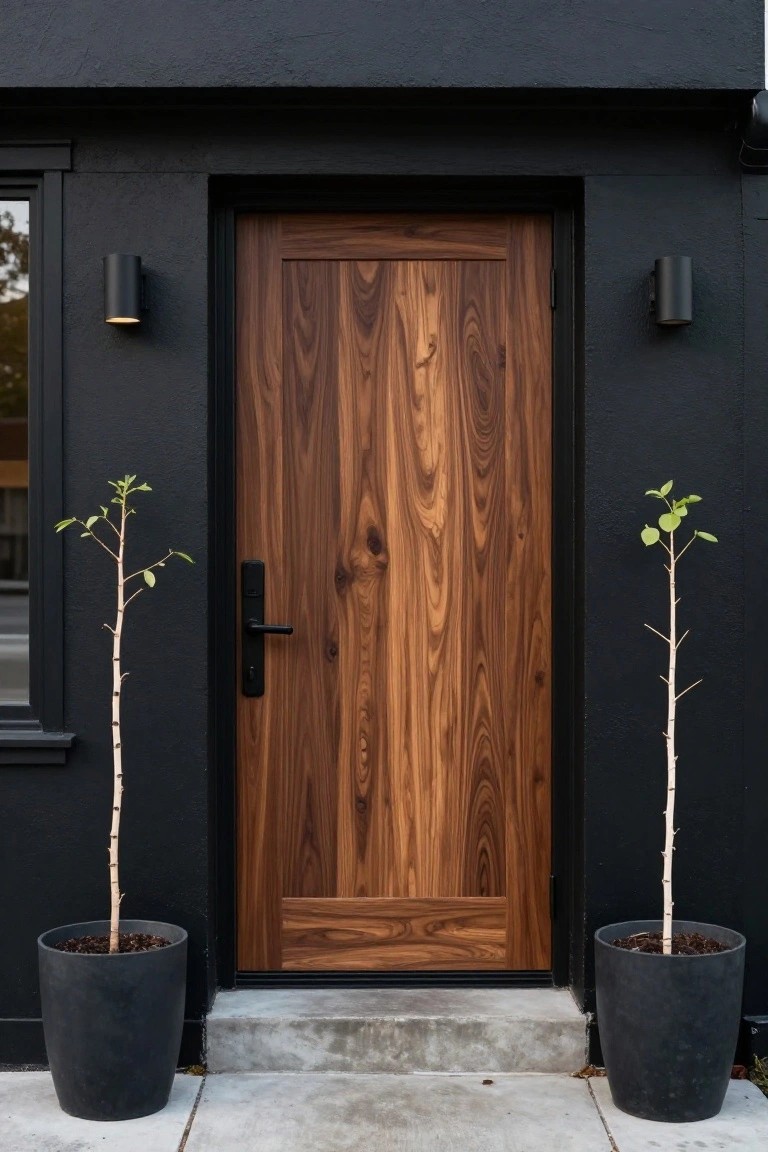 Close-up of a walnut wood front door centered in a black house exterior wall, flanked by black cylinder wall sconces and tall potted plants on black pots beside concrete steps.