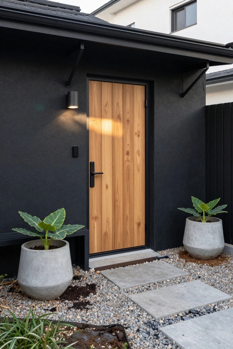 Black house exterior featuring a light wooden front door with black handle, flanked by two large gray pots with green plants, a stone pathway, black wall light, and gravel ground cover.