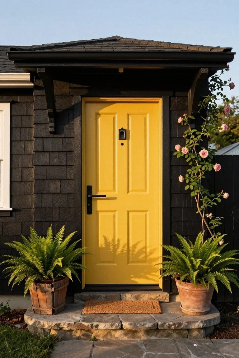 Black shingled house exterior with a bright yellow front door centered under a covered porch, flanked by two large potted ferns on stone steps, climbing pink roses on the side, and a woven welcome mat.