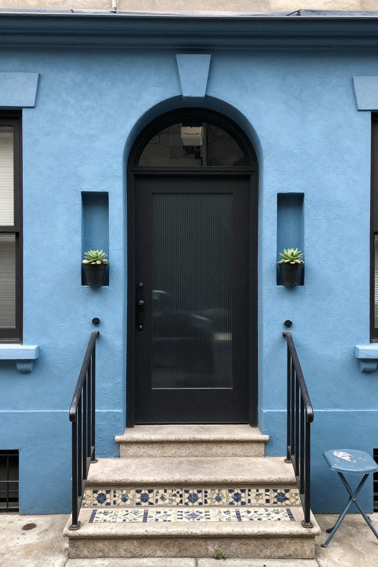 Blue stucco house exterior featuring a black arched front door with vertical slats, succulents in wall niches on either side, black metal railing, and tiled steps leading to the entry.
