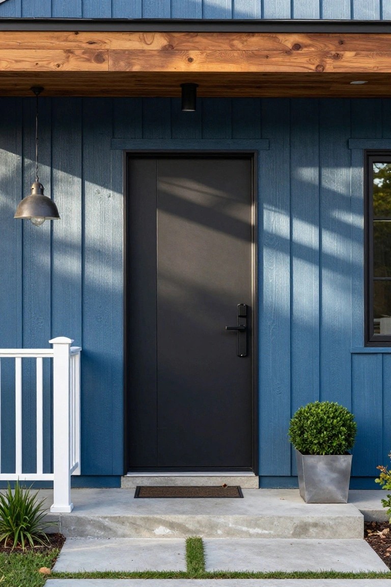 Modern entrance featuring a black door, blue wood siding, and a stylish light fixture.