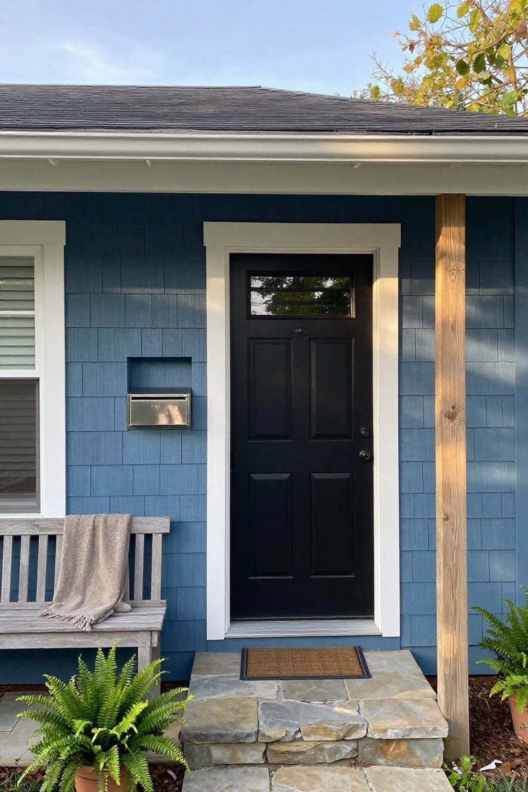 House exterior with navy blue shingle siding, black paneled front door with glass panel, white trim, stainless steel mailbox, wooden bench with beige throw on porch, potted ferns, stone steps, and woven door mat.