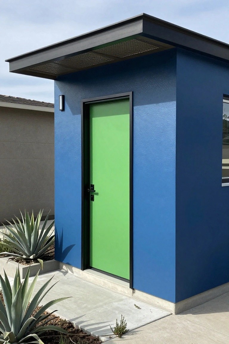 Small blue shed with lime green door, black frame and handle, metal mesh overhang, and potted agave plants in front, next to a beige house garage under a clear sky.
