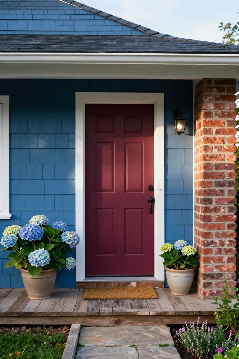 Blue shingled house with deep red six-panel front door centered in white trim, large potted blue hydrangeas flanking the wooden porch steps, brick pillar with lantern light, and stone walkway.