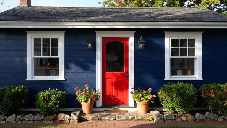 20 Front Door Colors With Blue Siding Ideas Navy blue clapboard house exterior featuring a red paneled front door with glass panels, flanked by white-framed windows, black lanterns, potted geraniums, stone retaining walls, and a brick path.