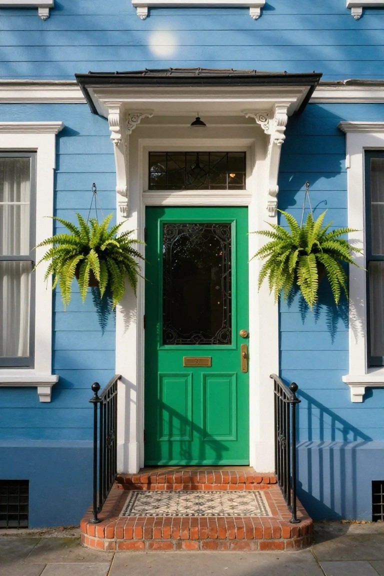 Blue wooden house exterior featuring a bright green front door with stained glass panels, flanked by two hanging ferns, white trim, black iron railing on brick steps, and a tiled entry landing.