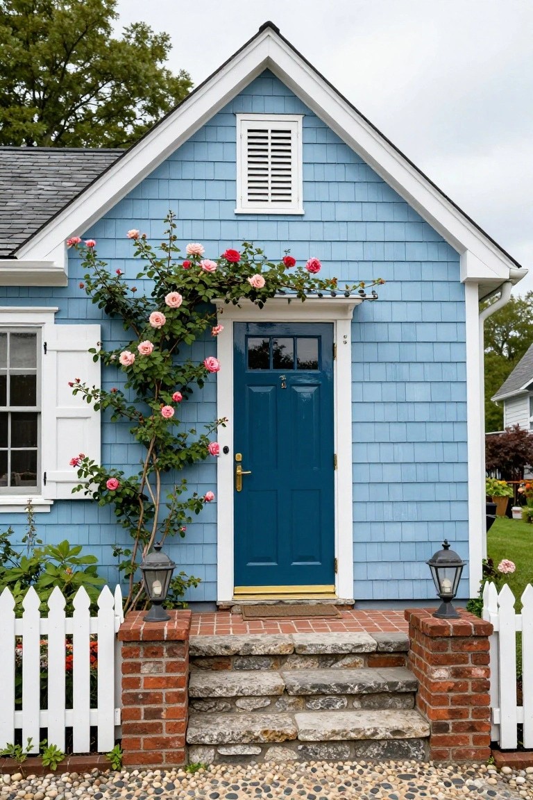 Light blue shingle-sided house with navy blue front door, climbing pink roses on the right side, white shutters and trim, black lanterns on brick pillars, white picket fence, stone steps, and gravel path in front.