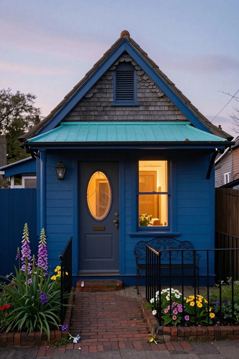 Small blue shingle-style house with dark navy front door featuring oval window, lit side window with flowers inside, turquoise porch roof, black metal bench, and colorful plantings along brick entry path at dusk.