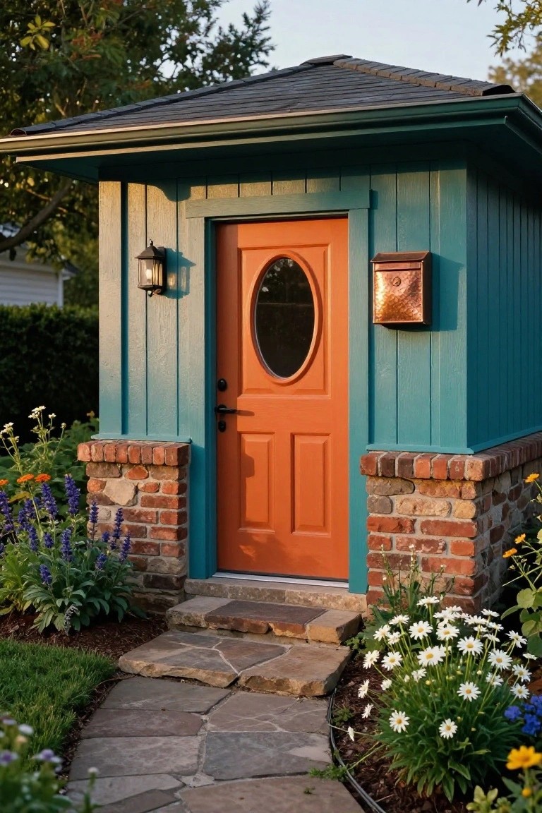 Teal clapboard garden shed with orange door that has an oval window, wall lantern, copper mailbox, brick corner piers, stone entry steps, and nearby flowers and plants.