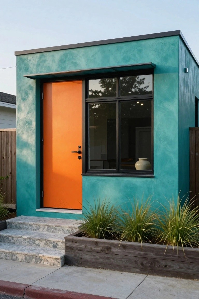 A small teal stucco house exterior featuring a vibrant orange front door, black-framed windows, concrete steps leading up to it, and grassy plants in a wooden planter box.