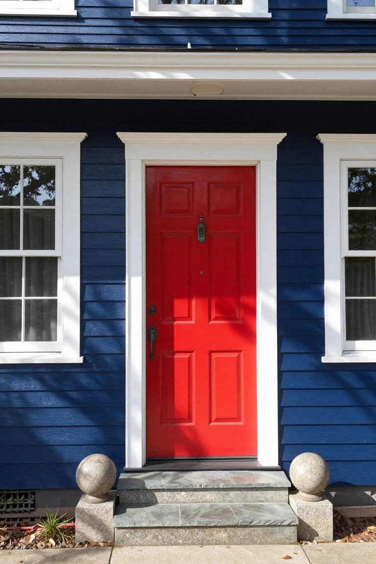 Front exterior of a two-story house with navy blue clapboard siding, a glossy red paneled front door with brass knocker and handle, white trim and windows on either side, slate steps flanked by stone spheres, and minimal plants at the base.