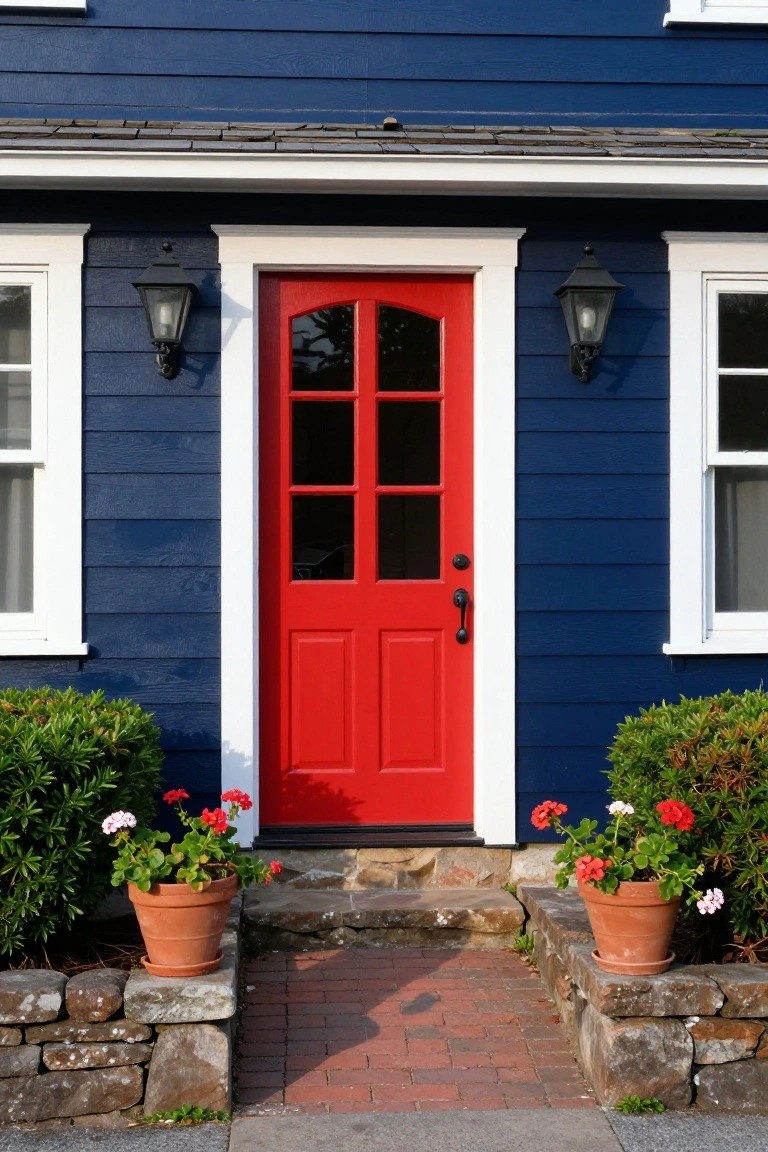 Navy blue clapboard house exterior featuring a red paneled front door with glass panels, flanked by white-framed windows, black lanterns, potted geraniums, stone retaining walls, and a brick path.