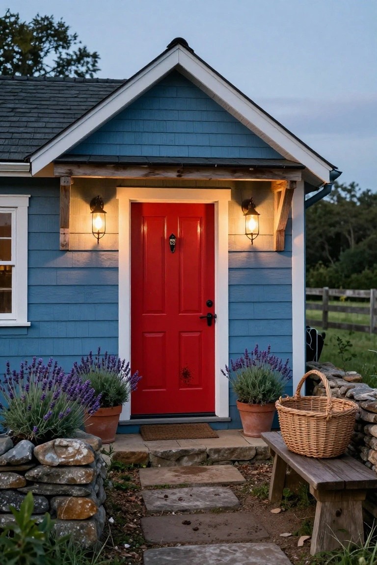 Blue shingled house exterior with red front door, wall-mounted lanterns, lavender plants in pots, stone wall, wooden bench, and wicker basket near the entry path.