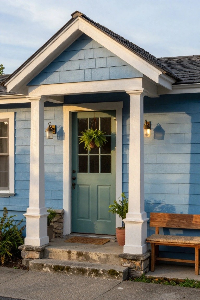 Blue shingle siding house with gabled white porch supported by columns, sage green paneled front door with nine glass panes, hanging fern wreath on door, wall lanterns, potted plants, stone steps, doormat, and wooden bench on sidewalk.